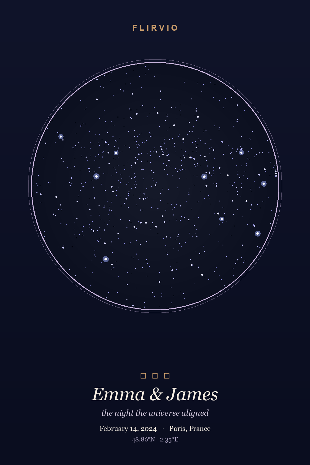 Custom star map of the real night sky for a couple, with names, date and location